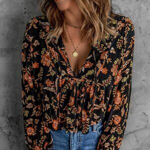 NWT Floral Print Pleated Long Sleeve Blouse Black Orange Brown Size Large